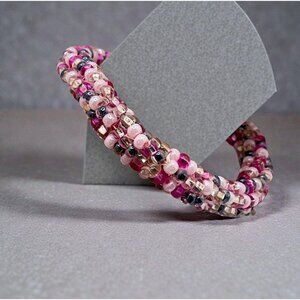 Pink Beaded Bracelet Handmade Rope Design Metallic Accents Bold Thick 8 Inch